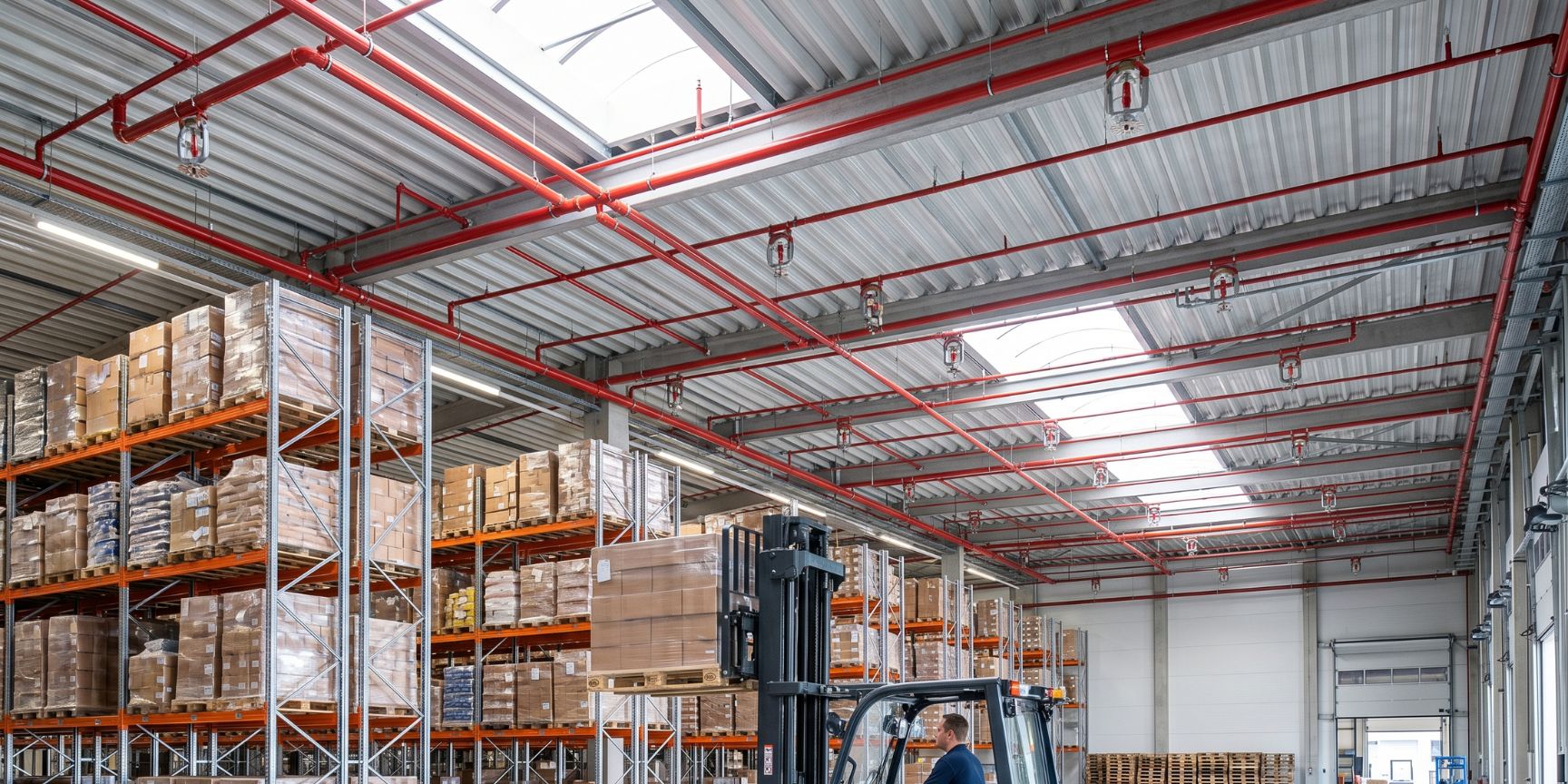 Weitwinkelaufnahme einer modernen Logistikhalle mit Hochregallagern, die die Installation einer ESFR-Sprinkleranlage an der Decke zeigt. Die roten Feuerlöschleitungen sind gut sichtbar.